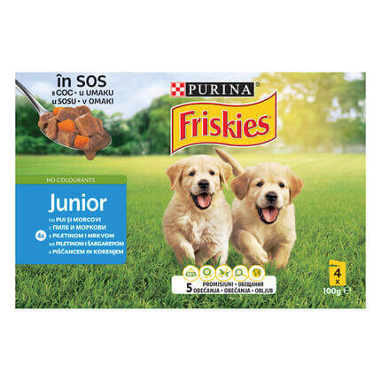 PURINA®FRISKIES® Junior, с пилешко месо и моркови в сос, мокра храна за кучета