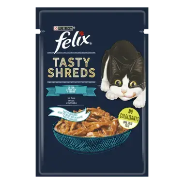 PURINA® FELIX® Tasty Shreds с риба тон в сос, мокра храна за котки, 80 g