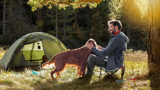 man sitting with his dog in nature